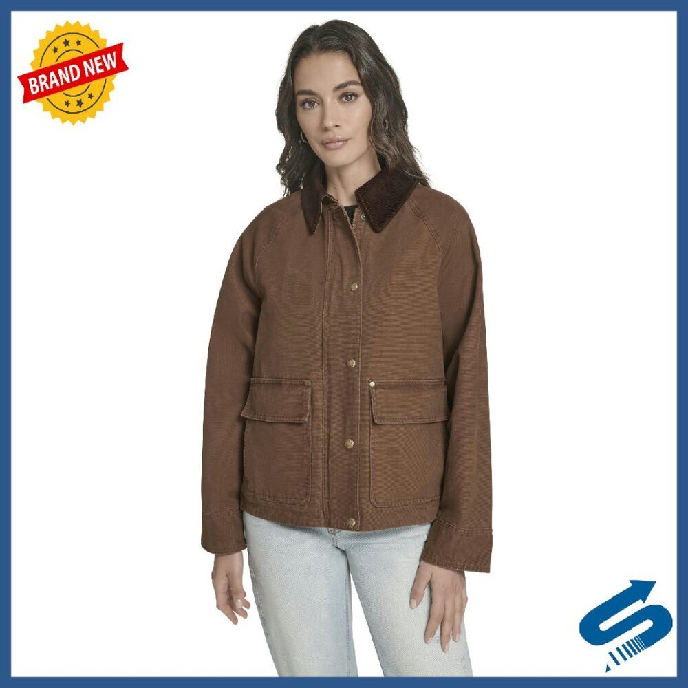 Cropped Cotton Barn Jacket with Corduroy Collar, Snap Pockets